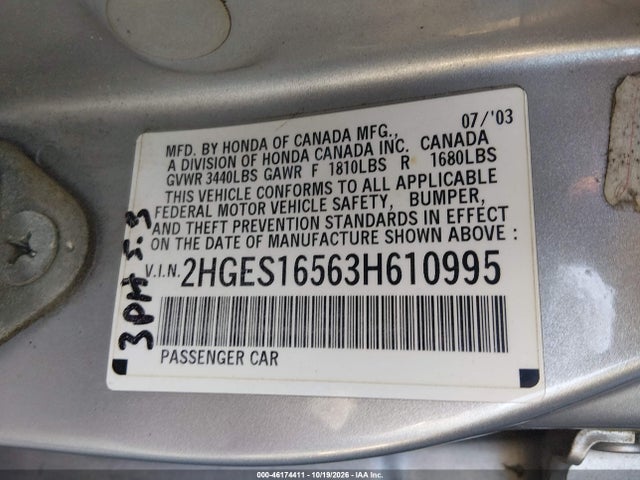 Продаж на аукціоні авто 2003 Honda Civic Lx, vin: 2HGES16563H610995, номер лоту: 46174411