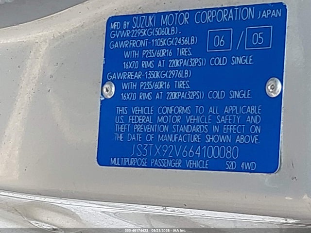 Продаж на аукціоні авто 2006 Suzuki Xl-7 Premium, vin: JS3TX92V664100080, номер лоту: 46174423