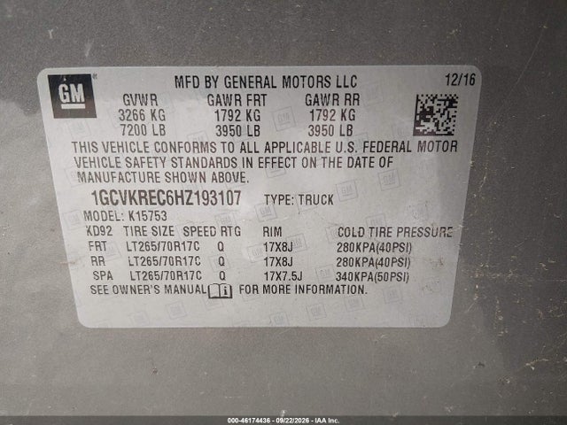 Aukcja sprzedaży 2017 Chevrolet Silverado 1500 1lt, vin: 1GCVKREC6HZ193107, numer aukcji: 46174436