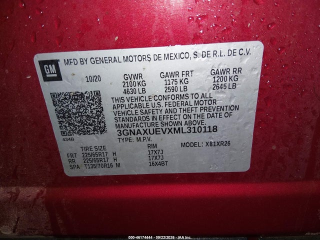 2021 Chevrolet Equinox Awd Lt მანქანა იყიდება აუქციონზე, vin: 3GNAXUEVXML310118, აუქციონის ნომერი: 46174444