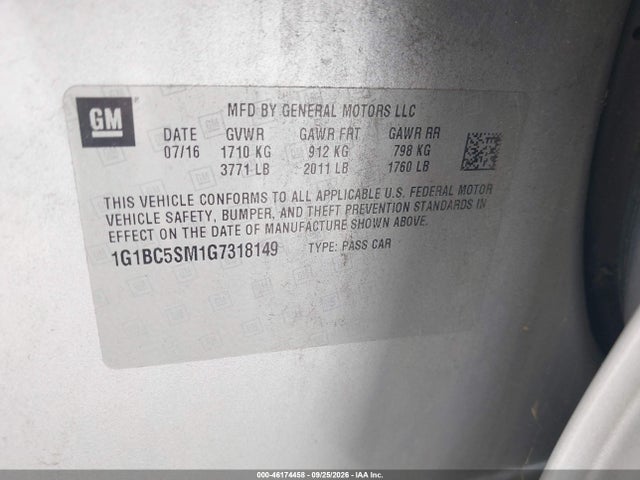 Продаж на аукціоні авто 2016 Chevrolet Cruze Ls Auto, vin: 1G1BC5SM1G7318149, номер лоту: 46174458