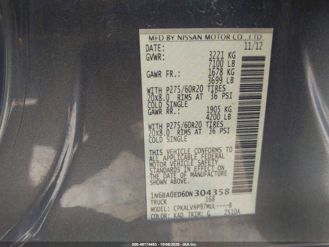 46174463 :رقم المزاد ، 1N6BA0ED6DN304358 vin ، 2013 Nissan Titan Sl مزاد بيع