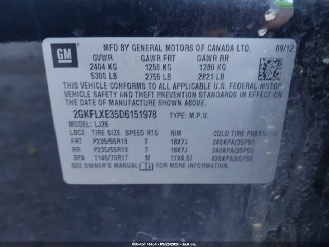 46174464 :رقم المزاد ، 2GKFLXE35D6151978 vin ، 2013 Gmc Terrain Slt-2 مزاد بيع