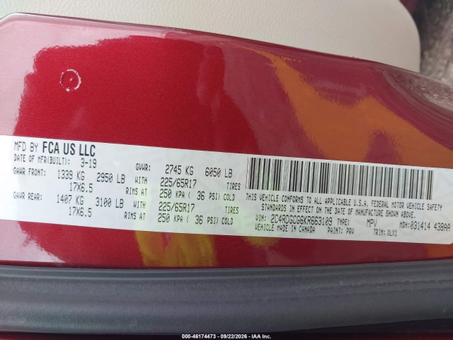 Продаж на аукціоні авто 2019 Dodge Grand Caravan Sxt, vin: 2C4RDGCG6KR663109, номер лоту: 46174473