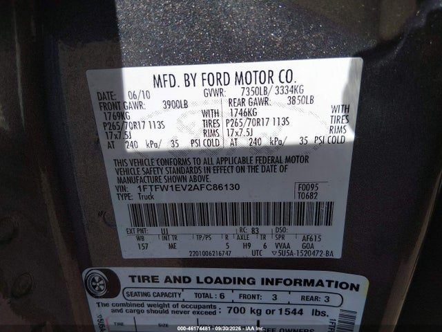 46174481 :رقم المزاد ، 1FTFW1EV2AFC86130 vin ، 2010 Ford F-150 Fx4/harley-davidson/king Ranch/lariat/platinum/xl/xlt مزاد بيع