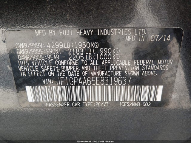 Продаж на аукціоні авто 2014 Subaru Impreza 2.0i, vin: JF1GPAA65E8319637, номер лоту: 46174485