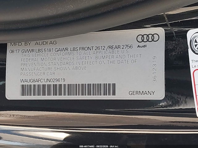 2018 Audi A6 2.0t Premium Plus მანქანა იყიდება აუქციონზე, vin: WAUG8AFC1JN029619, აუქციონის ნომერი: 46174492