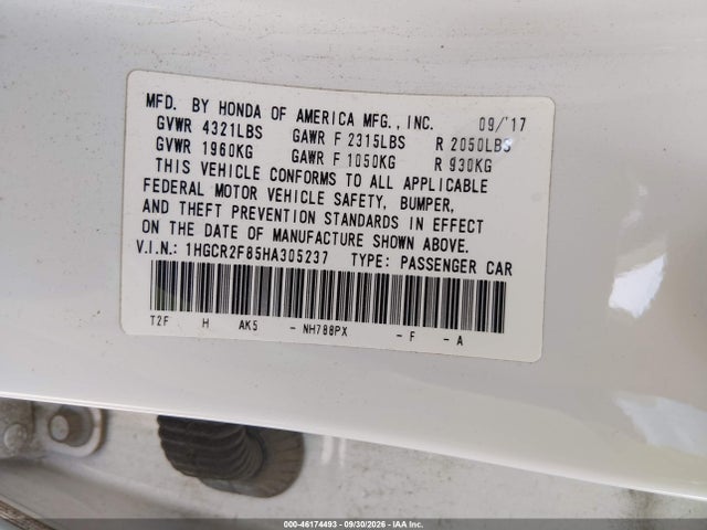 46174493 :رقم المزاد ، 1HGCR2F85HA305237 vin ، 2017 Honda Accord Ex-l مزاد بيع