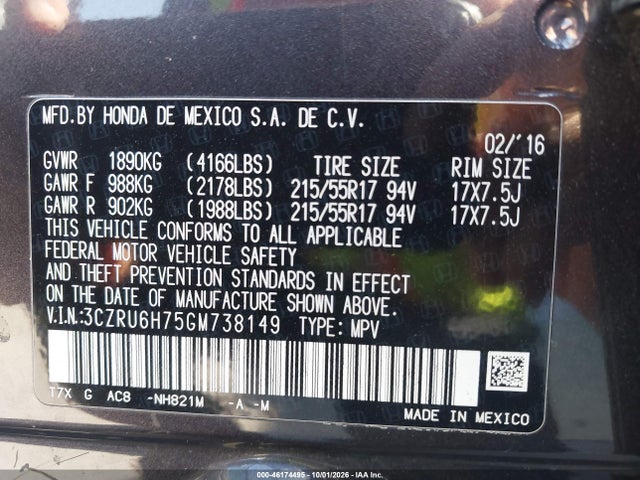 Продаж на аукціоні авто 2016 Honda Hr-v Ex-l, vin: 3CZRU6H75GM738149, номер лоту: 46174495