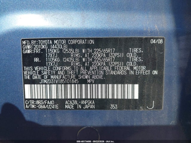 Aukcja sprzedaży 2008 Toyota Rav4 Limited, vin: JTMZD31V185101845, numer aukcji: 46174498