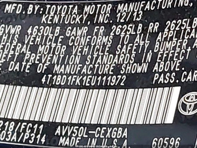 Продажа на аукционе авто 2014 Toyota Camry Hybrid Xle, vin: 4T1BD1FK1EU111972, номер лота: 46174499