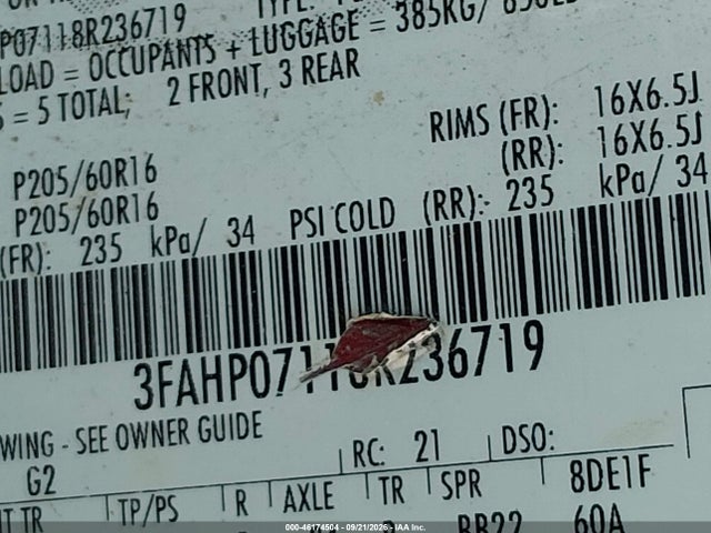 46174504 :رقم المزاد ، 3FAHP07118R236719 vin ، 2008 Ford Fusion Se مزاد بيع