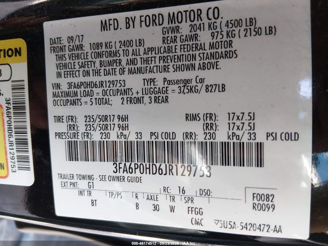 46174512 :رقم المزاد ، 3FA6P0HD6JR129753 vin ، 2018 Ford Fusion Se مزاد بيع