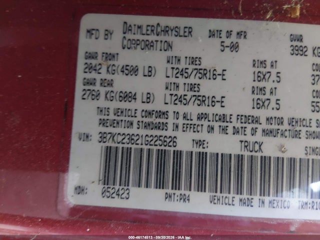 46174513 :رقم المزاد ، 3B7KC23621G225626 vin ، 2001 Dodge Ram 2500 St مزاد بيع
