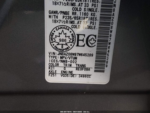 Продаж на аукціоні авто 2007 Nissan Murano Sl, vin: JN8AZ08W97W645289, номер лоту: 46174516