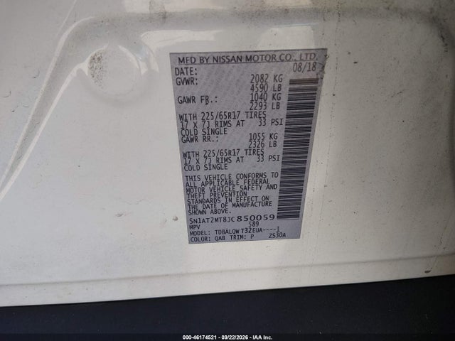 46174521 :رقم المزاد ، 5N1AT2MT8JC850059 vin ، 2018 Nissan Rogue Sv مزاد بيع