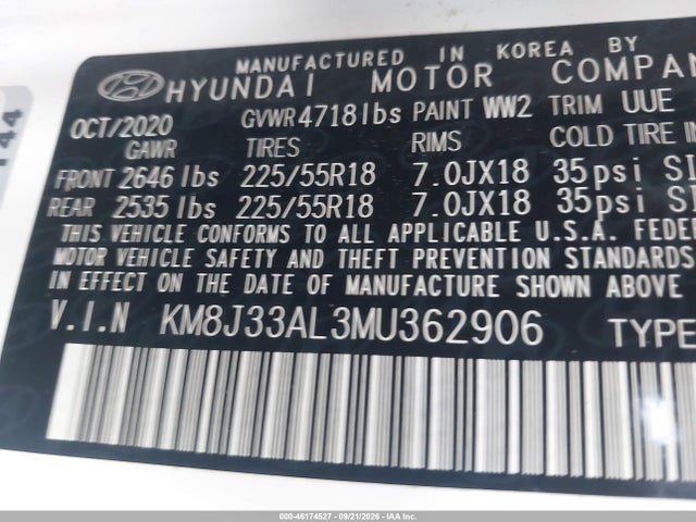 Aukcja sprzedaży 2021 Hyundai Tucson Sel, vin: KM8J33AL3MU362906, numer aukcji: 46174527