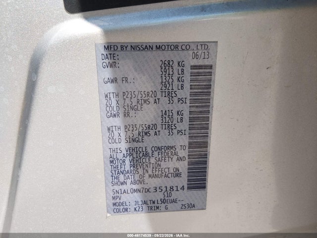 46174539 :رقم المزاد ، 5N1AL0MN7DC351814 vin ، 2013 Infiniti Jx35 مزاد بيع