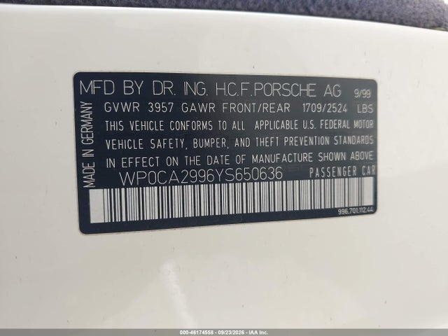 Продаж на аукціоні авто 2000 Porsche 911 Carrera/carrera 4, vin: WP0CA2996YS650636, номер лоту: 46174558