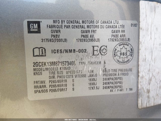 2007 Chevrolet Silverado 1500 Lt1/lt2/ltz/work Truck მანქანა იყიდება აუქციონზე, vin: 2GCEK13M871573408, აუქციონის ნომერი: 46174563