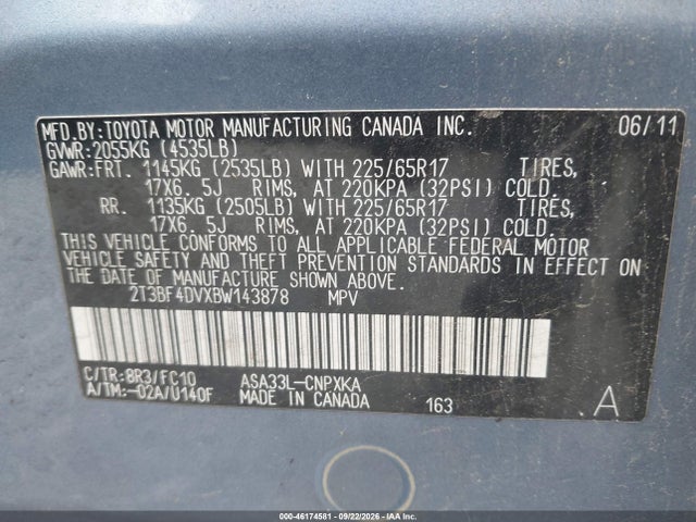 Продаж на аукціоні авто 2011 Toyota Rav4, vin: 2T3BF4DVXBW143878, номер лоту: 46174581