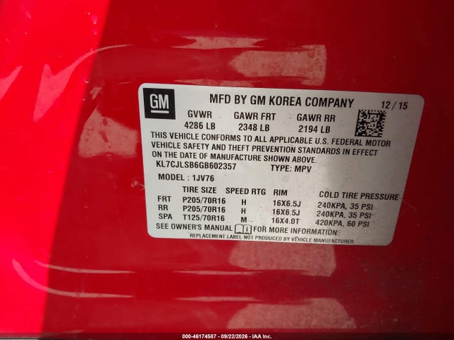 2016 Chevrolet Trax Lt მანქანა იყიდება აუქციონზე, vin: KL7CJLSB6GB602357, აუქციონის ნომერი: 46174587