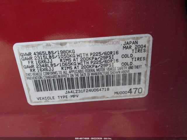 Aukcja sprzedaży 2004 Mitsubishi Outlander Ls, vin: JA4LZ31F24U064718, numer aukcji: 46174589