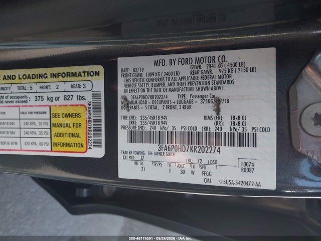 Ford FUSION SE 2019 3FA6P0HD7KR202274 Image 9