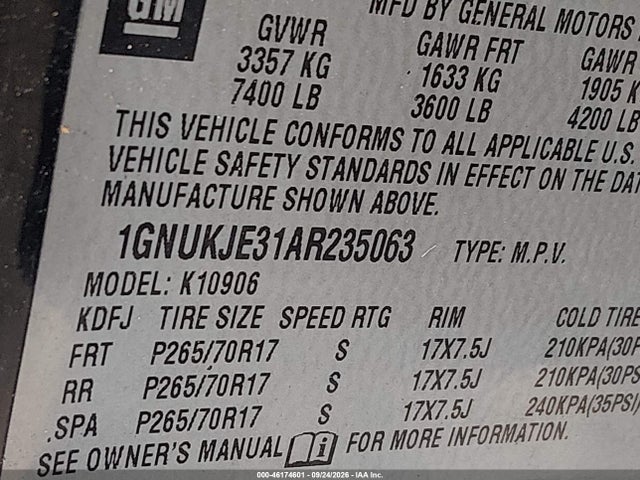 46174601 :رقم المزاد ، 1GNUKJE31AR235063 vin ، 2010 Chevrolet Suburban 1500 Lt1 مزاد بيع