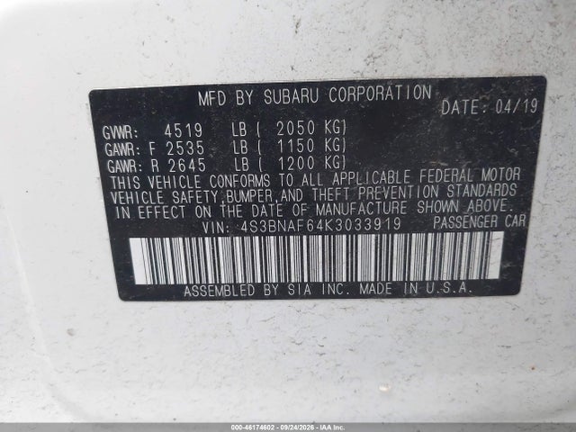Aukcja sprzedaży 2019 Subaru Legacy 2.5i Premium, vin: 4S3BNAF64K3033919, numer aukcji: 46174602