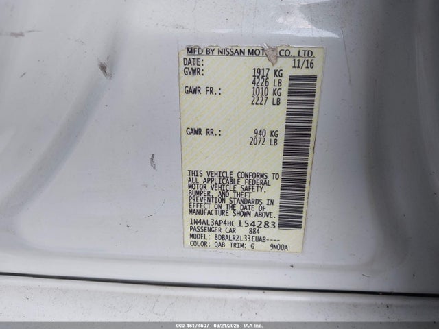 46174607 :رقم المزاد ، 1N4AL3AP4HC154283 vin ، 2017 Nissan Altima 2.5 Sl مزاد بيع