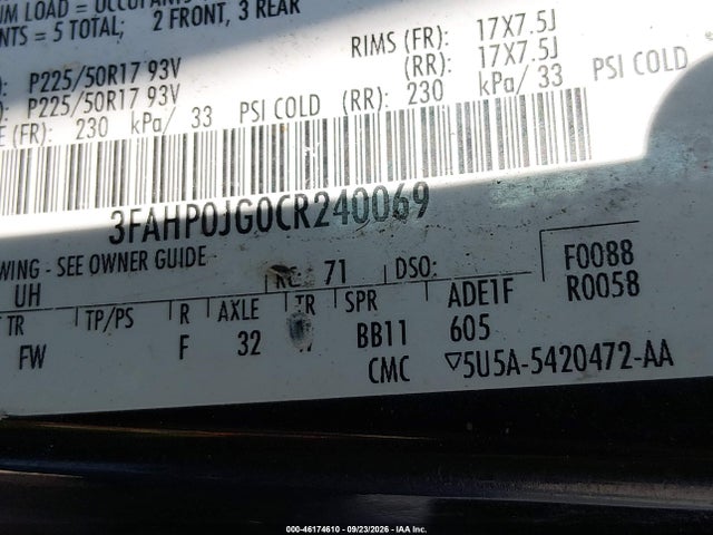 2012 Ford Fusion Sel მანქანა იყიდება აუქციონზე, vin: 3FAHP0JG0CR240069, აუქციონის ნომერი: 46174610