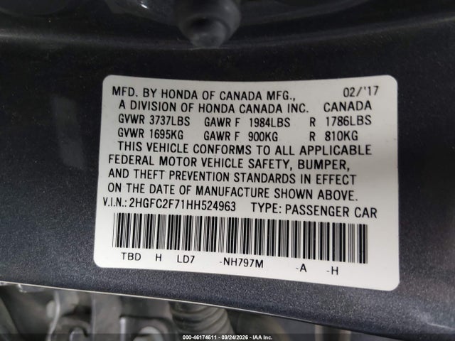 46174611 :رقم المزاد ، 2HGFC2F71HH524963 vin ، 2017 Honda Civic Ex مزاد بيع