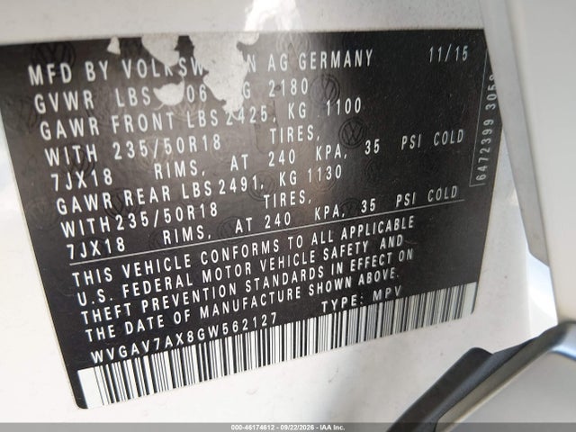 Продажа на аукционе авто 2016 Volkswagen Tiguan R-line/s/se/sel, vin: WVGAV7AX8GW562127, номер лота: 46174612