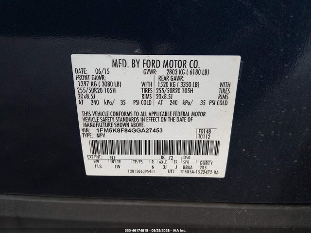46174619 :رقم المزاد ، 1FM5K8F84GGA27453 vin ، 2016 Ford Explorer Limited مزاد بيع