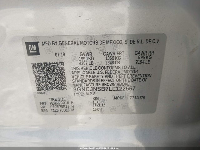 Продажа на аукционе авто 2020 Chevrolet Trax Awd Ls, vin: 3GNCJNSB7LL122567, номер лота: 46174625