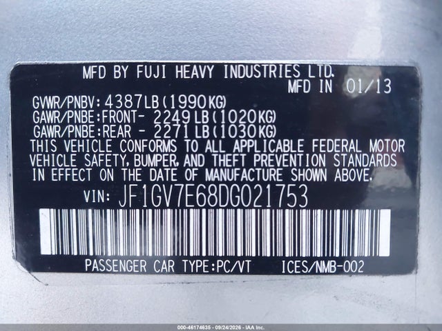 46174635 :رقم المزاد ، JF1GV7E68DG021753 vin ، 2013 Subaru Impreza Wrx مزاد بيع