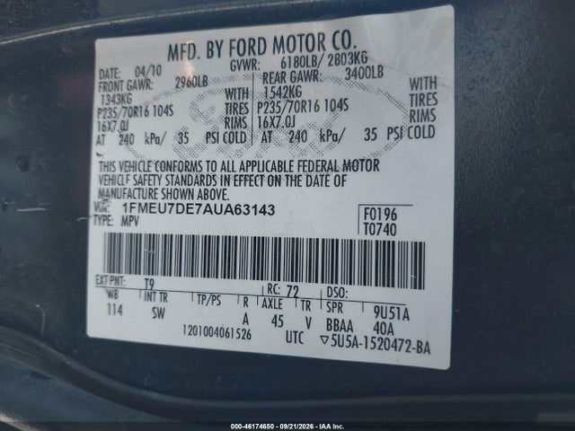 Aukcja sprzedaży 2010 Ford Explorer Xlt, vin: 1FMEU7DE7AUA63143, numer aukcji: 46174650