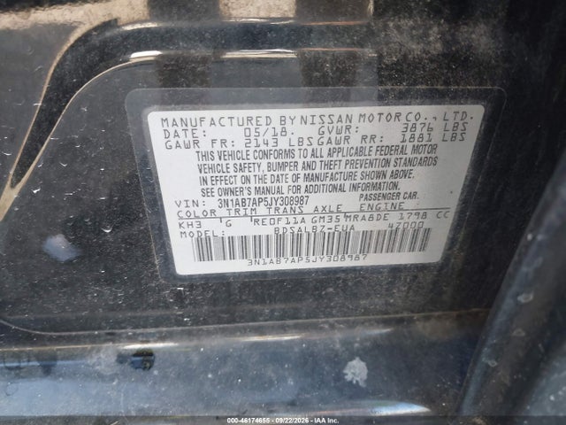 Aukcja sprzedaży 2018 Nissan Sentra S, vin: 3N1AB7AP5JY308987, numer aukcji: 46174655
