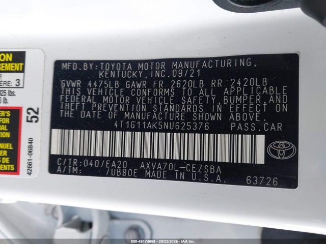 4T1G11AK5NU625376 Toyota CAMRY SE