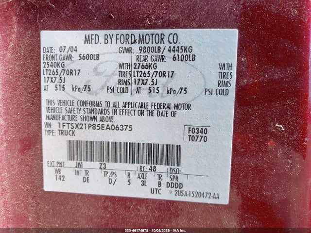 Продаж на аукціоні авто 2005 Ford F-250 Lariat/xl/xlt, vin: 1FTSX21P85EA06375, номер лоту: 46174675