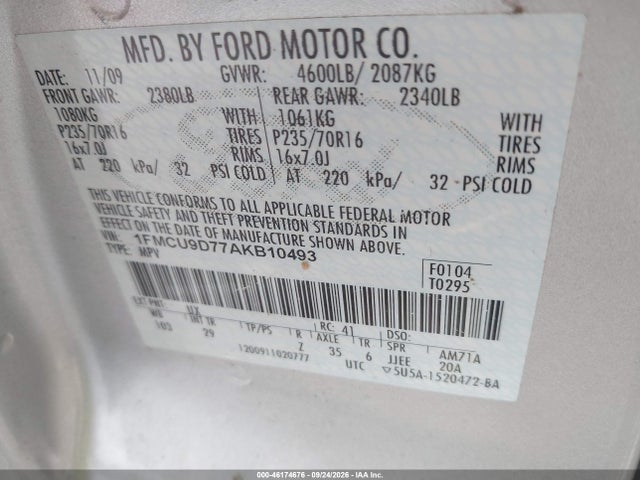 46174676 :رقم المزاد ، 1FMCU9D77AKB10493 vin ، 2010 Ford Escape Xlt مزاد بيع