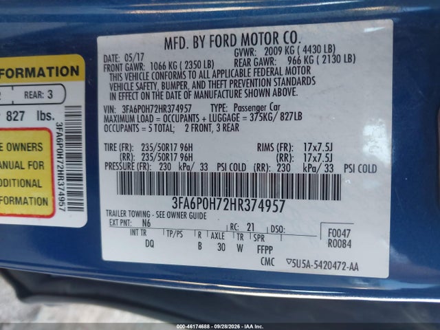 Ford FUSION SE 2017 3FA6P0H72HR374957 Image 9