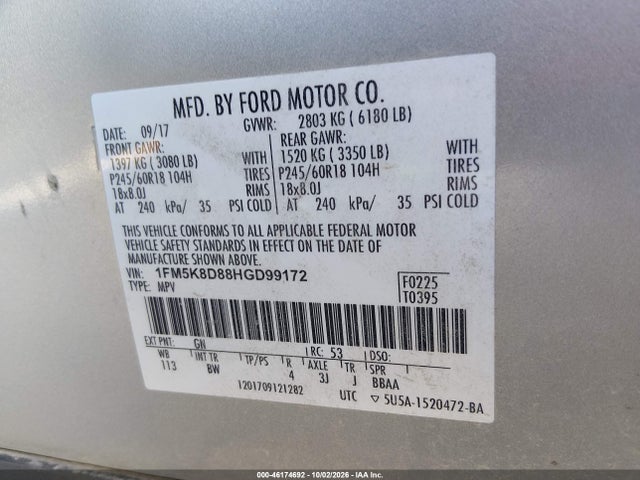 Aukcja sprzedaży 2017 Ford Explorer Xlt, vin: 1FM5K8D88HGD99172, numer aukcji: 46174692