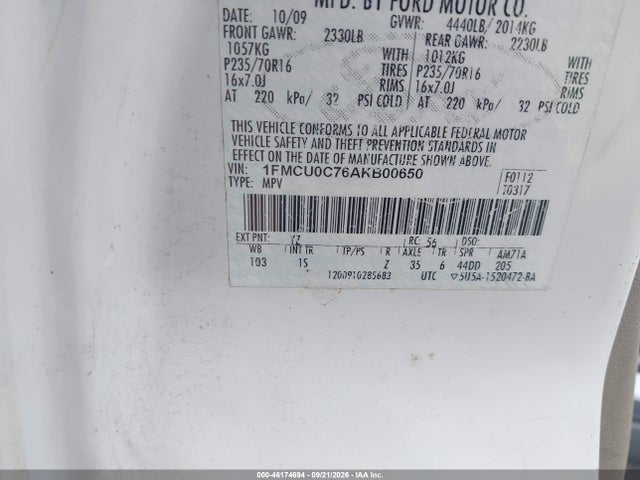 Aukcja sprzedaży 2010 Ford Escape Xls, vin: 1FMCU0C76AKB00650, numer aukcji: 46174694