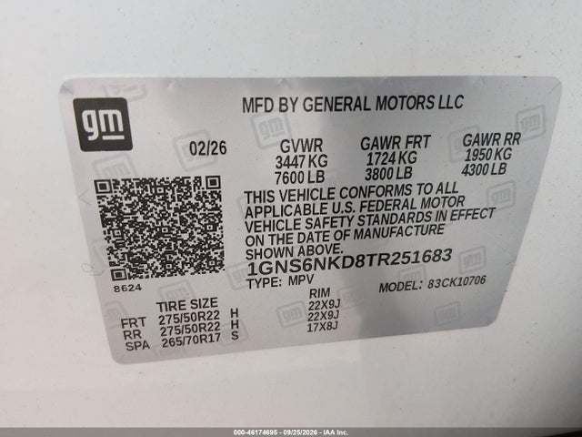 Продажа на аукционе авто 2026 Chevrolet Tahoe 4wd Lt, vin: 1GNS6NKD8TR251683, номер лота: 46174695