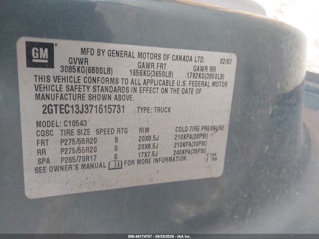 Auction sale of the 2007 Gmc Sierra 1500 Sle2, vin: 2GTEC13J371615731, lot number: 46174707