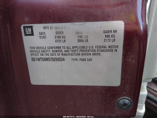 46174711 :رقم المزاد ، 2G1WT58N579299234 vin ، 2007 Chevrolet Impala Lt مزاد بيع