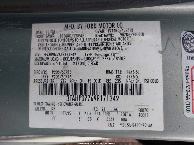 46174717 :رقم المزاد ، 3FAHP07Z69R171342 vin ، 2009 Ford Fusion Se مزاد بيع