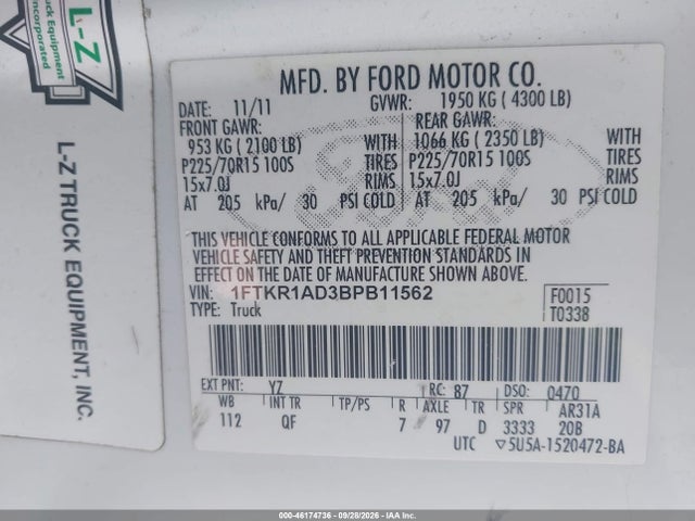 2011 Ford Ranger Xl მანქანა იყიდება აუქციონზე, vin: 1FTKR1AD3BPB11562, აუქციონის ნომერი: 46174736
